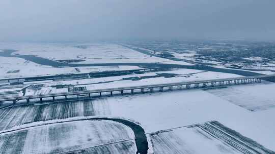 航拍淮河王家坝四里湖平原雪景风光4K