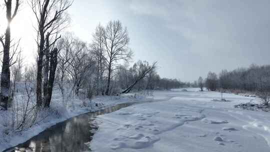 航拍中国冷极根河不冻河冰河景观