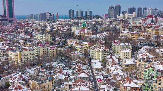 青岛城市风光雪景鸟瞰