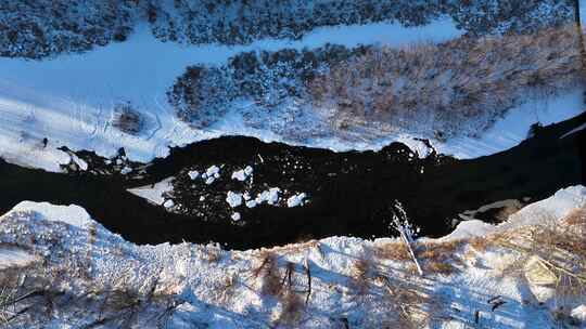 航拍大兴安岭不冻河根河雪景