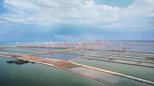 大海海边沙滩风力发电风车航拍