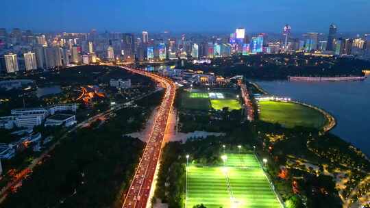 航拍海南海口世纪大桥城市蓝调夜景风景