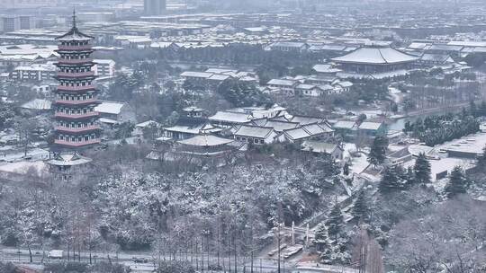 航拍扬州瘦西湖大明寺观音山宋夹城园林雪景