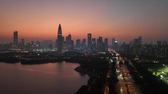 深圳南山区深圳湾日落晚霞夜景航拍