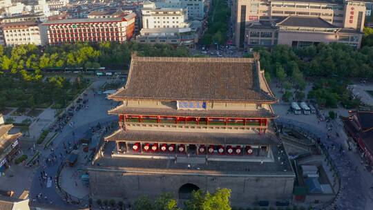 西安鼓楼阳光透过屋顶航拍