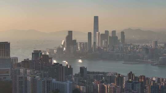 香港维多利亚港清晨航拍