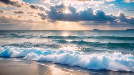 海边日落海浪全景