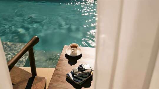 泳池边桌上的咖啡与相机