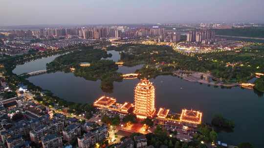 眉山远景楼和东坡城市湿地公园夜景航拍