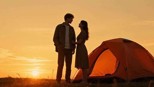 情侣户外露营对视场景