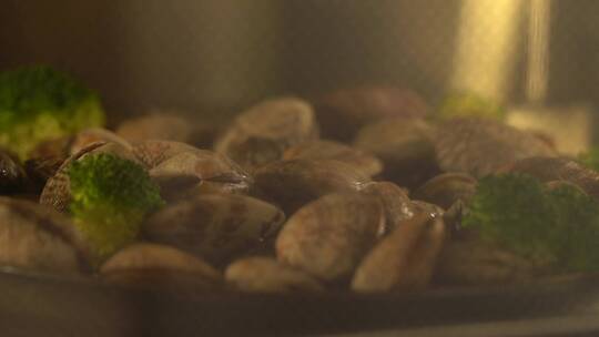 烤箱厨房延时花蛤贝壳从生到熟延时实拍