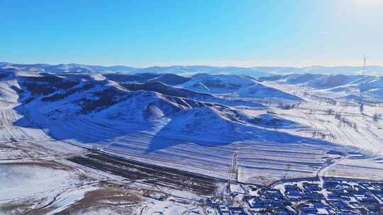 冬季承德丰宁坝上风电蓝天白云雪景航拍