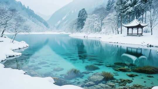 冬日雪景中的山水与亭台