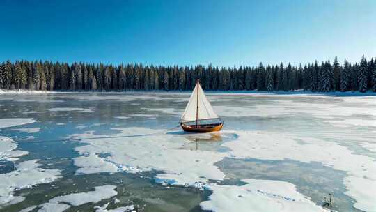 湖面结冰处的帆船与森林景观
