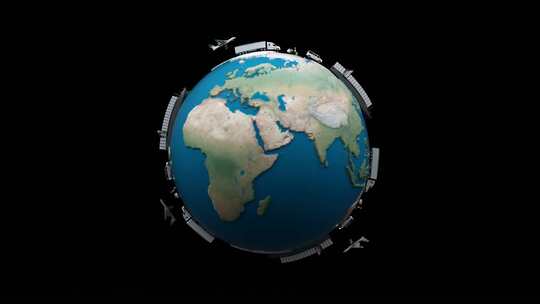飞机客运货车物流运输围绕地球 3d渲染视频素材模板下载