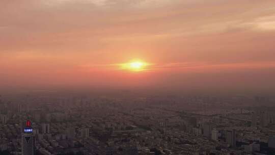 城市夕阳晚霞火烧云航拍济宁