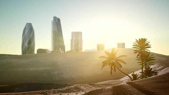 4K 日落时沙漠中的摩天大楼