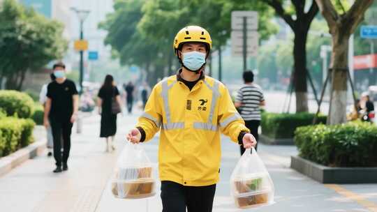 外卖小哥街道送餐画面