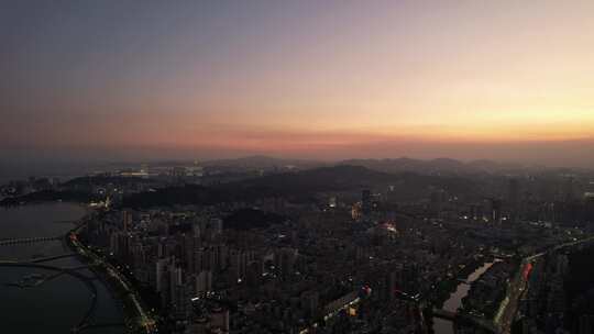 广东珠海城市晚霞夜幕降临航拍