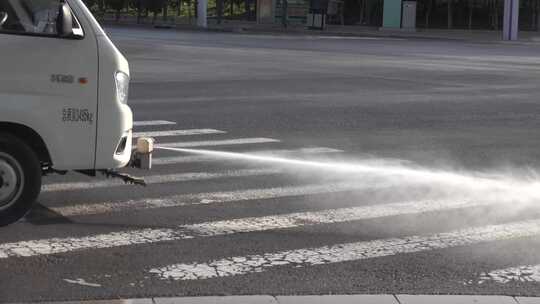 4K城市街道卫生洒水车喷洒洗地