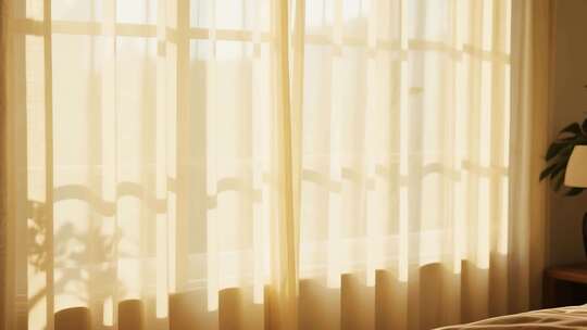 室内阳光透过窗帘光影画面