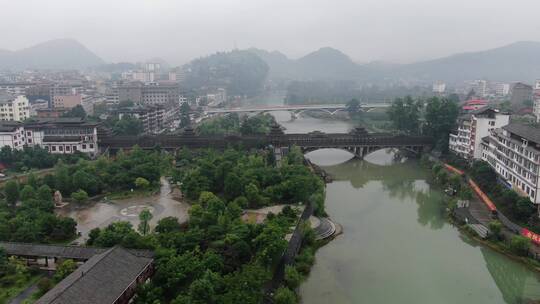 城市航拍湖南城步风雨桥地标建筑