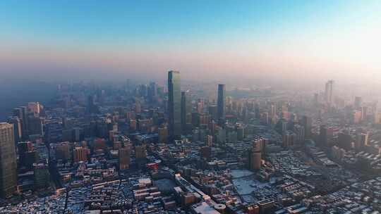 雪后的长沙城市国金中心CBD雪景航拍