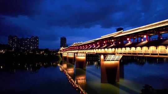 航拍湖南衡阳东洲岛景区过江廊桥夜景航拍