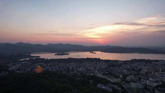 浙江杭州西湖落日晚霞夕阳西下航拍