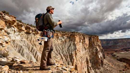 男子悬崖边徒步眺望远方