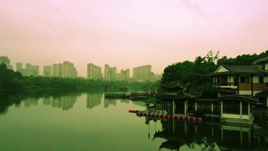 遵义新浦雨天阴天公园湖古建筑风景湖泊