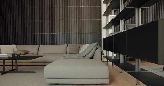 现代客厅设计，配有毛绒沙发和时尚的架子