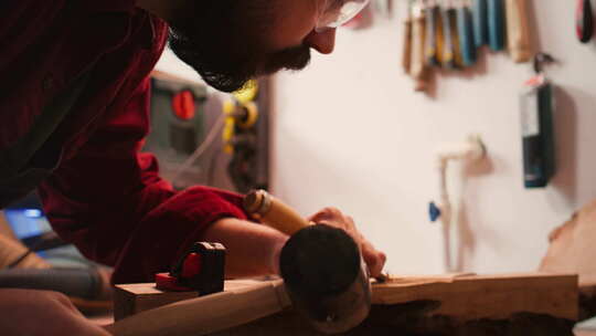 艺术家使用副工具夹住木制成型原木