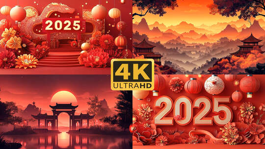 4K2025春节蛇年剪纸喜庆动画背景2