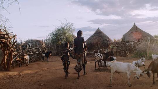母亲带着女儿赤脚走在部落的羊群里视频素材模板下载