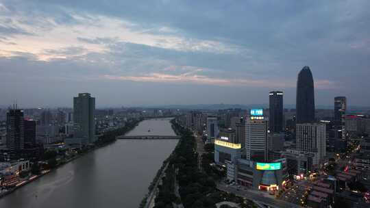 浙江宁波城市晚霞夜幕降临航拍