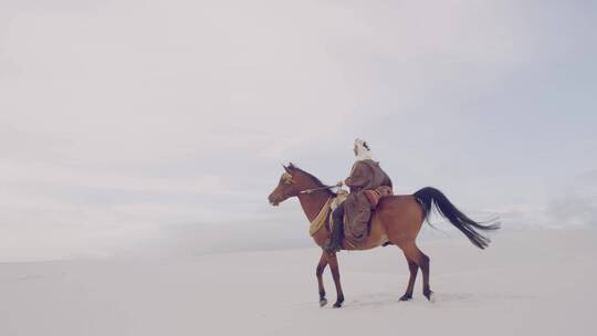 男人在穆斯林沙漠骑马
