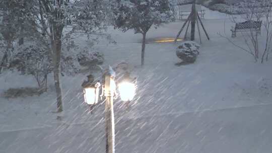 傍晚雪中的路灯视频素材模板下载
