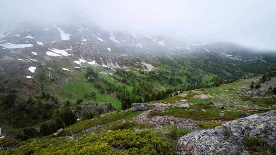 山顶高海拔森林雪山树林云雾云层飘动延时