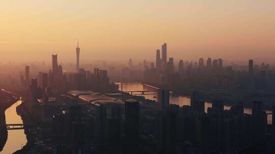 广州琶洲日落金光建筑航拍视频素材模板下载
