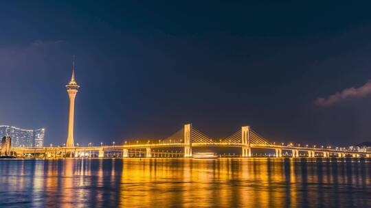 8K澳门半岛澳门塔西湾大桥夜景延时视频素材模板下载