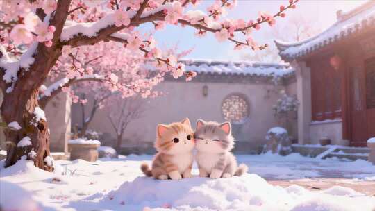 古风庭院雪中小猫