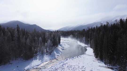 航拍新疆冬季喀纳斯神仙湾晨雾雪山森林雪景