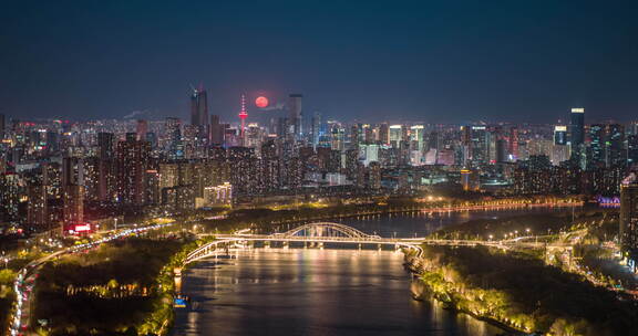 沈阳城市夜景超级月亮天际线航拍素材