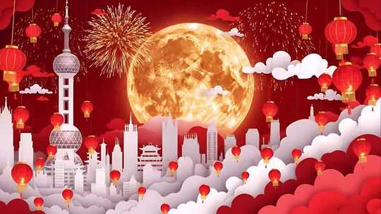 4k上海夜景新春灯笼烟花素材