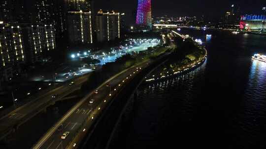 广州城市夜景交通航拍