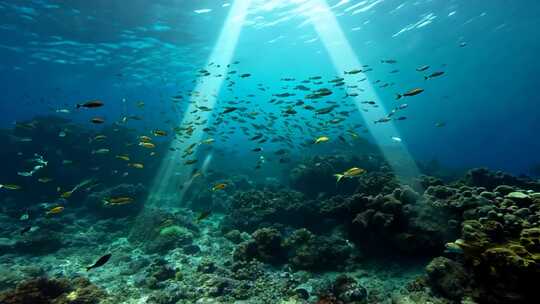 4k阳光透过海面大海里的鱼群海洋生物