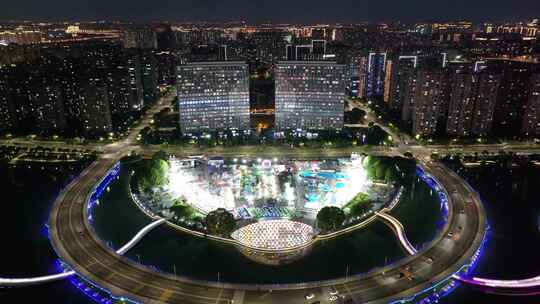 苏州文化地标活力岛璀璨夜景（航拍素材）