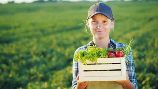 开朗的女农民拿着一盒蔬菜站在田野里
