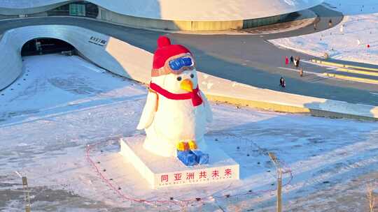 中国黑龙江哈尔滨大剧院企鹅大雪人航拍